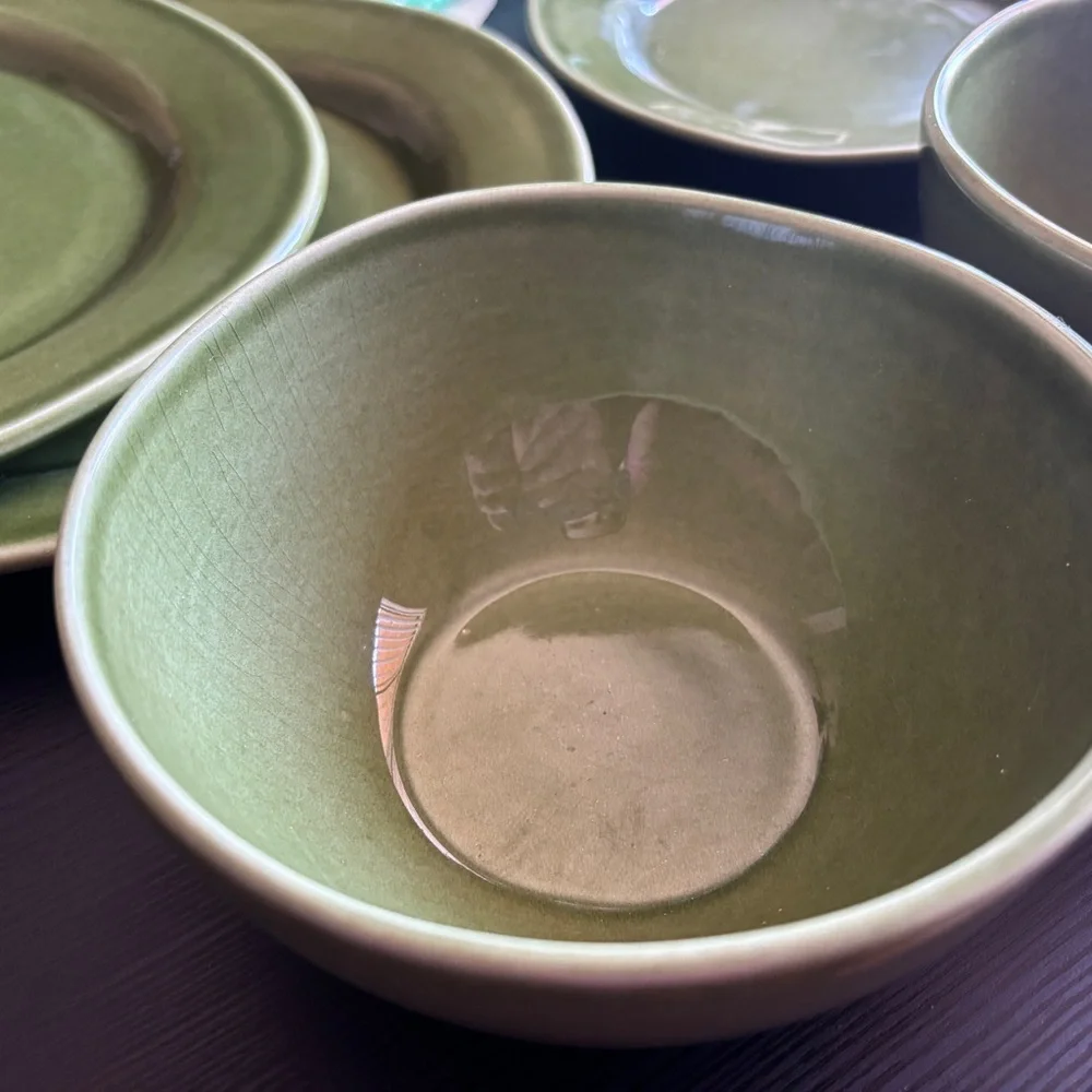Set of 5 Crate&Barrel Green Wavy Edge Plates Made In Portugal